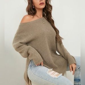 Drop Shoulder Split Hem Ribbed Knit Sweater